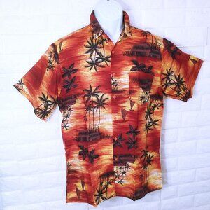Vintage 80s Robinsons Red Bag Aloha Shirt -M Pocket SSL Vents Tropical Palm Tiki